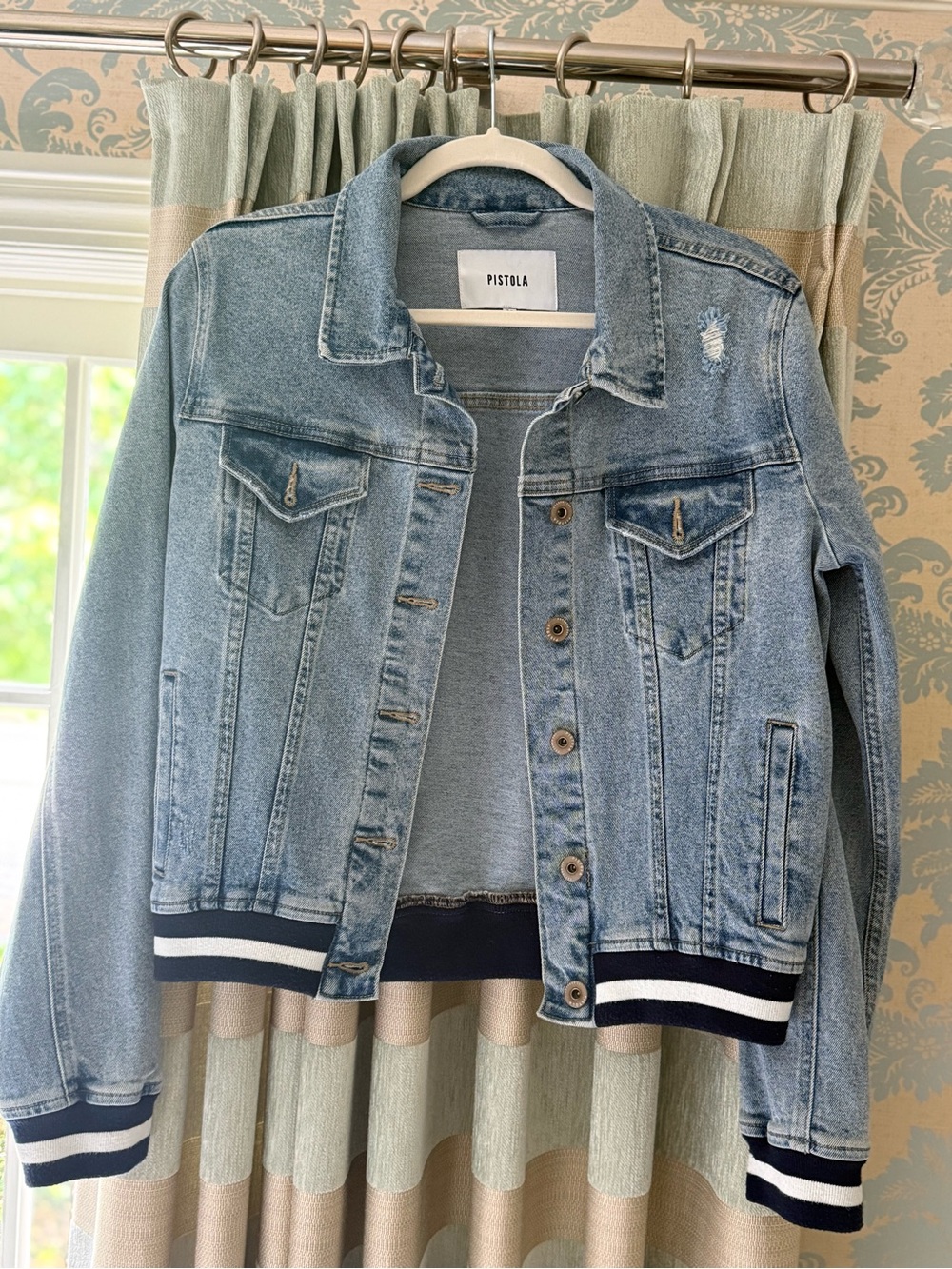 Pistola faded blue denim bomber jacket with navy & white striped ribbing.